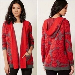 Sparrow Anthropologie Red Floral Hooded Sweater Coat Cardigan Mohair Size M
